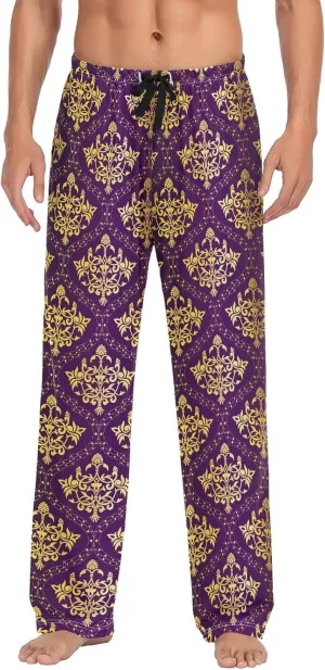 Kigai Men's Pajamas Pants Gold on Purple Sleep Bottoms Pants Lounge Sleepwear - L