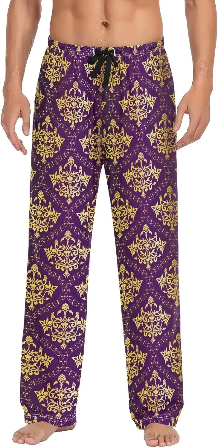 Kigai Men's Pajamas Pants Gold on Purple Sleep Bottoms Pants Lounge Sleepwear - L