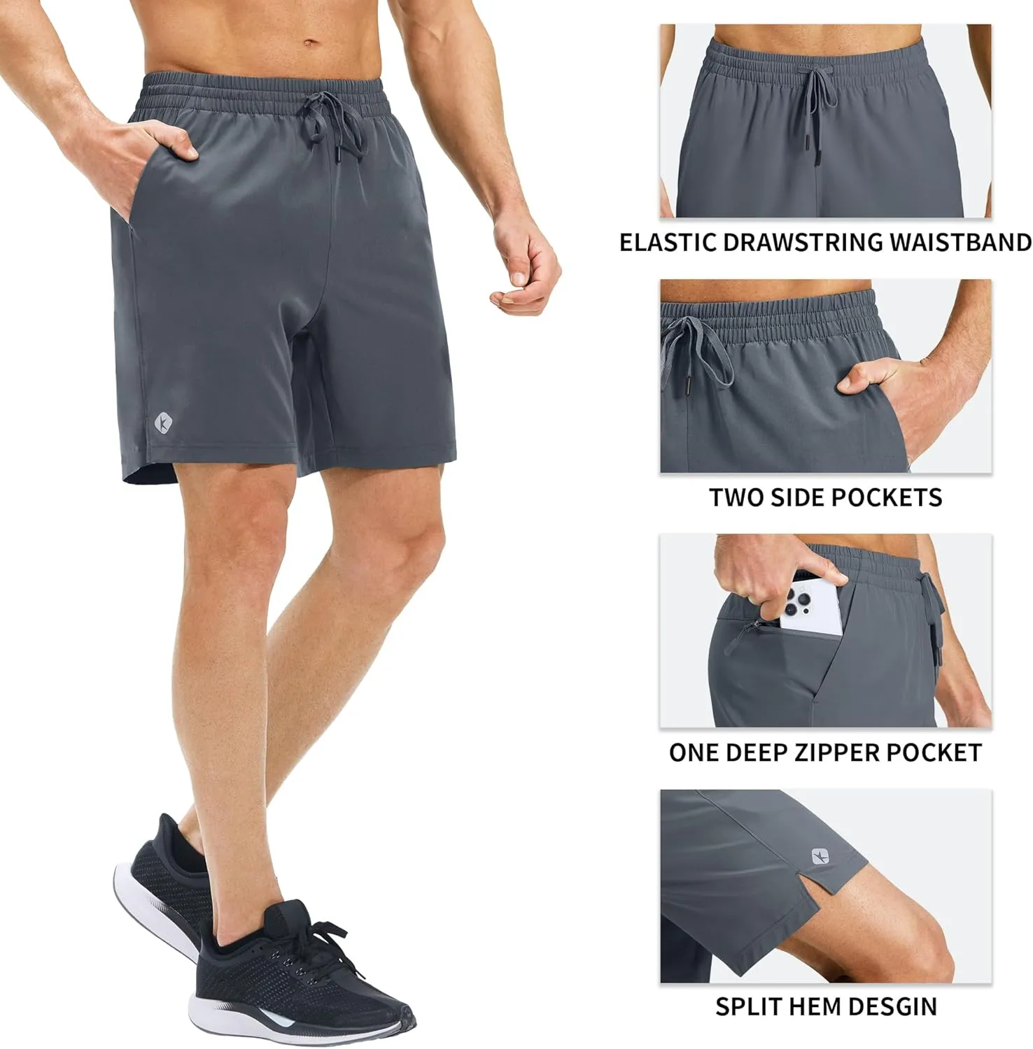 Ksmien Men's Running Shorts 7 Inch with Zipper Pockets Quick Dry Lightweight Athletic Shorts for Workout Gym Basketball