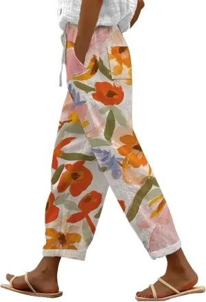 LCMTWX Summer Linen Pants 2025 Casual Drawstring Pants Capri Pants 2025 Pants with Pockets Wide Leg Cropped Pants Womens