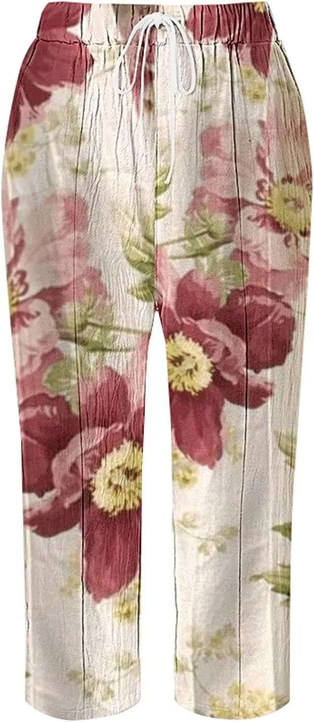 LCMTWX Summer Linen Pants 2025 Casual Drawstring Pants Capri Pants 2025 Pants with Pockets Wide Leg Cropped Pants Womens