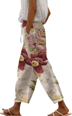 LCMTWX Summer Linen Pants 2025 Casual Drawstring Pants Capri Pants 2025 Pants with Pockets Wide Leg Cropped Pants Womens
