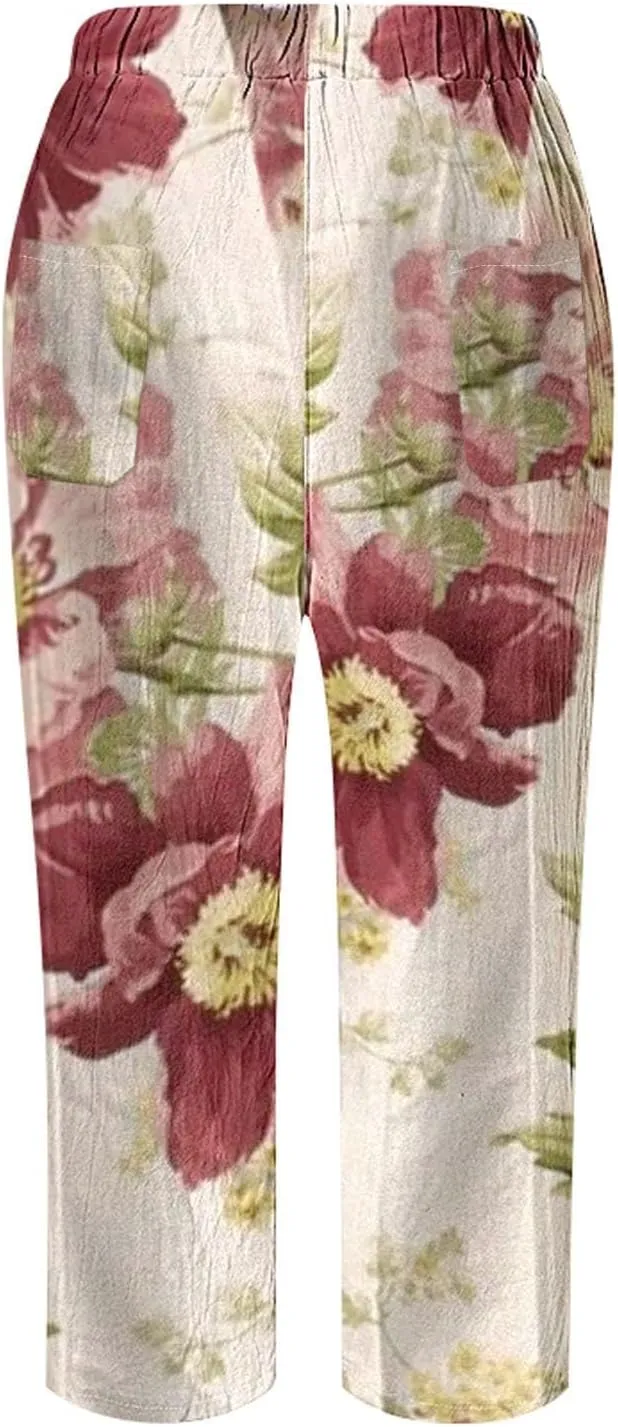 LCMTWX Summer Linen Pants 2025 Casual Drawstring Pants Capri Pants 2025 Pants with Pockets Wide Leg Cropped Pants Womens