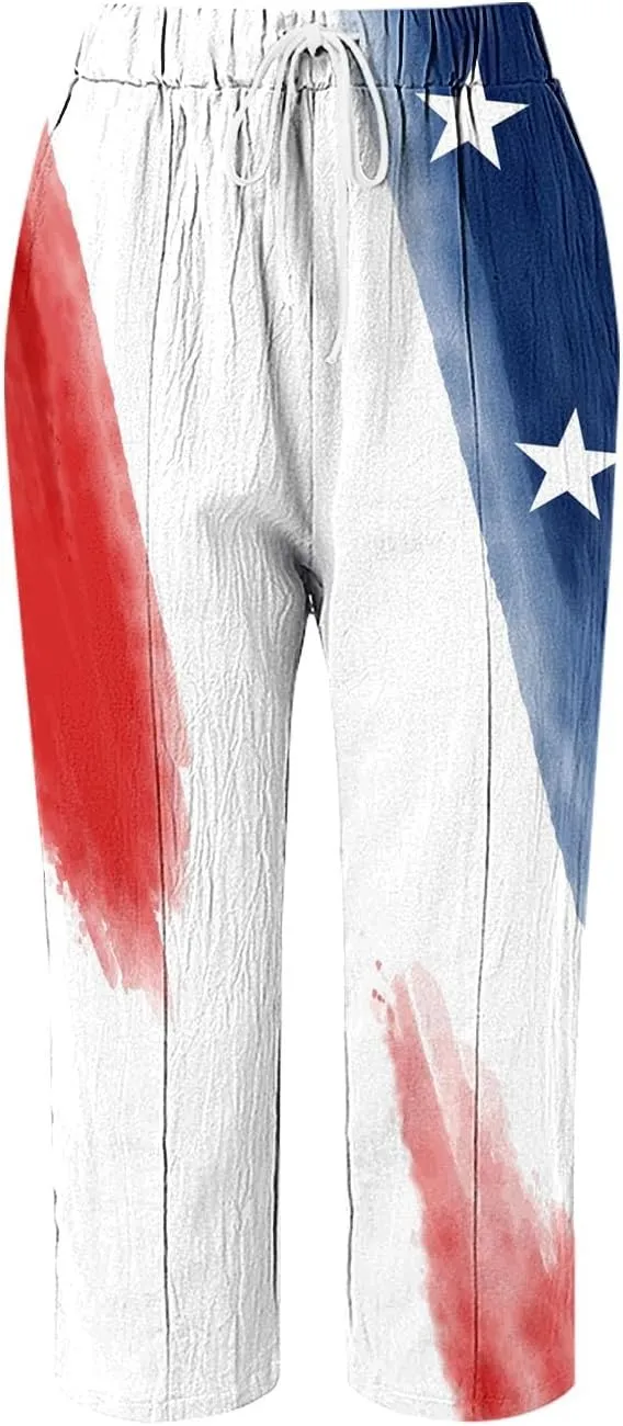 LCMTWX Womens Linen Pants Waist Pants Drawstring Capri Pants with Pockets Wide Leg Cropped Pants High Waisted Linen Pants