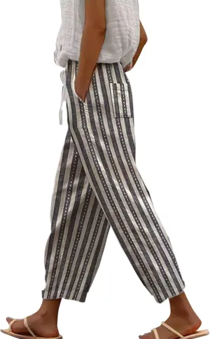 LCMTWX Womens Linen Pants Waist Pants Drawstring Capri Pants with Pockets Wide Leg Cropped Pants High Waisted Linen Pants