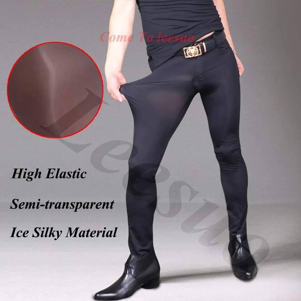 leesuo Men's Sexy Ice Silk Long Pants Super Smooth Skinny Leggings Sheer Tights Trousers