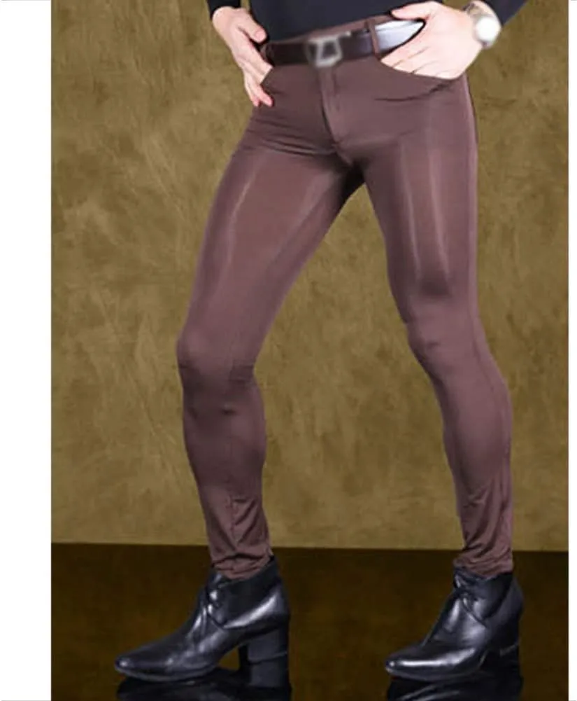 leesuo Men's Sexy Ice Silk Long Pants Super Smooth Skinny Leggings Sheer Tights Trousers