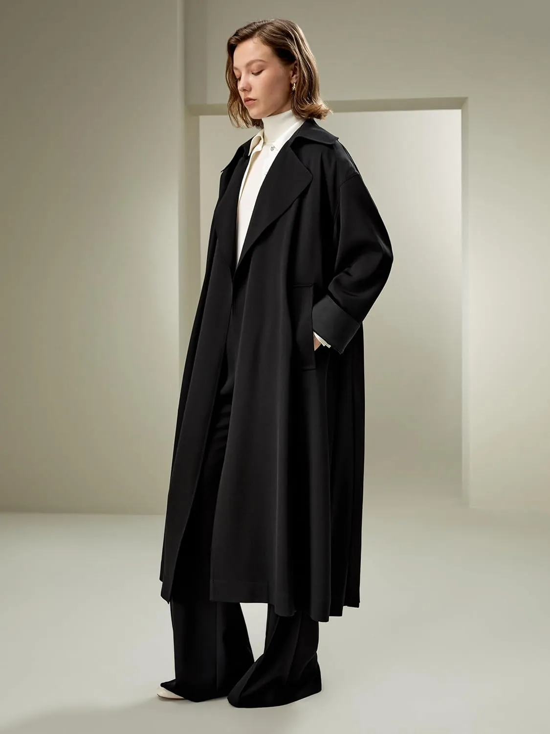 LilySilk Silk Trenchcoat for Women Oversized Relaxed Fit Long Silk Coat Lapel Drop Shoulder Comfortable Silk Outerwear