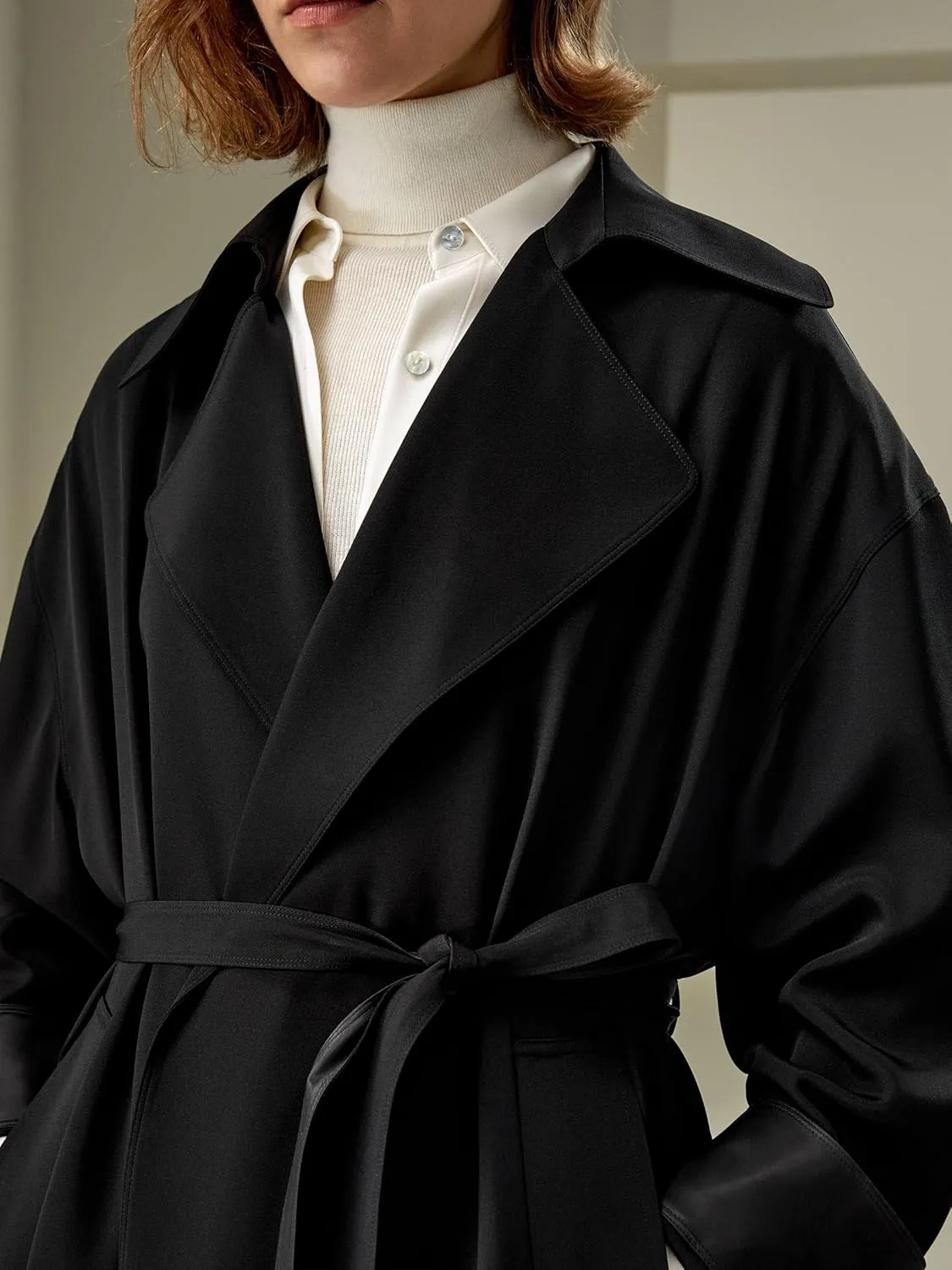 LilySilk Silk Trenchcoat for Women Oversized Relaxed Fit Long Silk Coat Lapel Drop Shoulder Comfortable Silk Outerwear