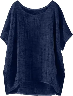 Linen Cotton Shirts for Women Vintage T-Shirt Loose Fit Crewneck Solid Color Casual Dressy Blouse Summer Gauze Tops