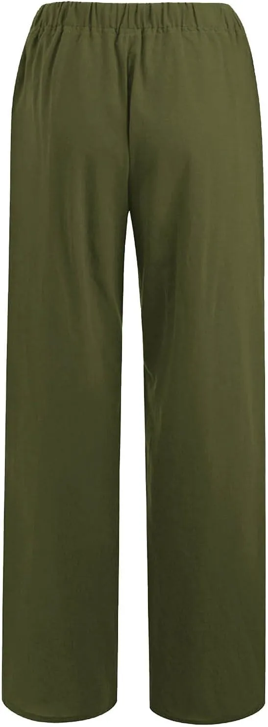 Linen Pants for Women Casual Straight Leg Pants Drawstring Trousers Pants Comfy Lounge Pants Solid Loose Work Pants