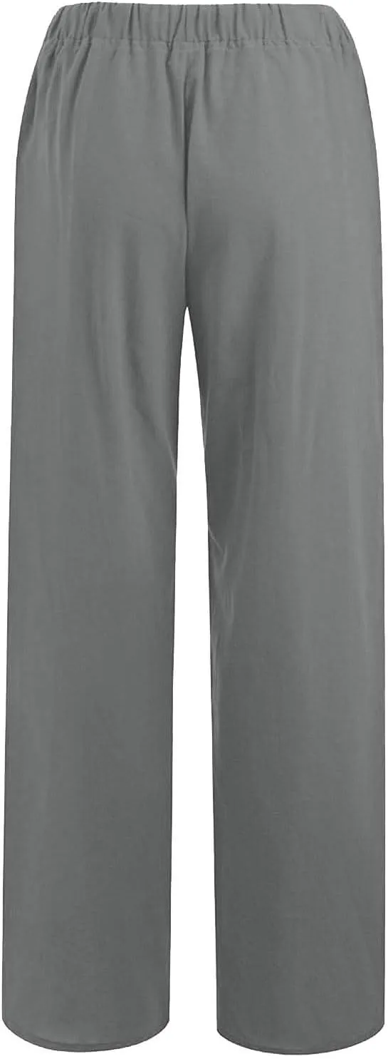 Linen Pants for Women Casual Straight Leg Pants Drawstring Trousers Pants Comfy Lounge Pants Solid Loose Work Pants