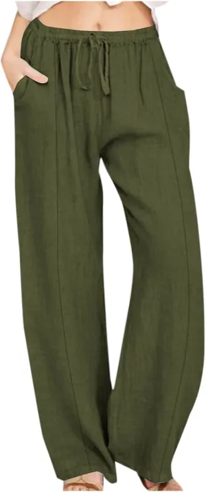 Linen Pants for Women Casual Straight Leg Pants Drawstring Trousers Pants Comfy Lounge Pants Solid Loose Work Pants