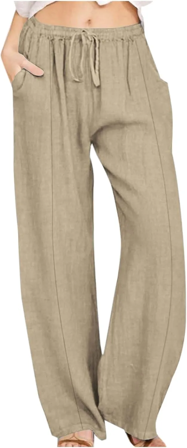 Linen Pants for Women Casual Straight Leg Pants Drawstring Trousers Pants Comfy Lounge Pants Solid Loose Work Pants