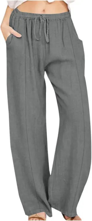 Linen Pants for Women Casual Straight Leg Pants Drawstring Trousers Pants Comfy Lounge Pants Solid Loose Work Pants