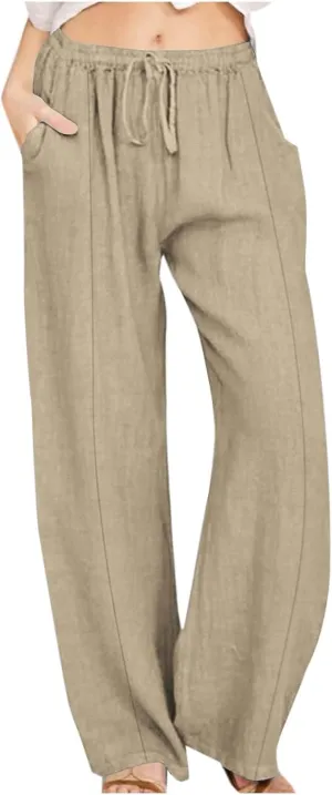 Linen Pants for Women Casual Straight Leg Pants Drawstring Trousers Pants Comfy Lounge Pants Solid Loose Work Pants