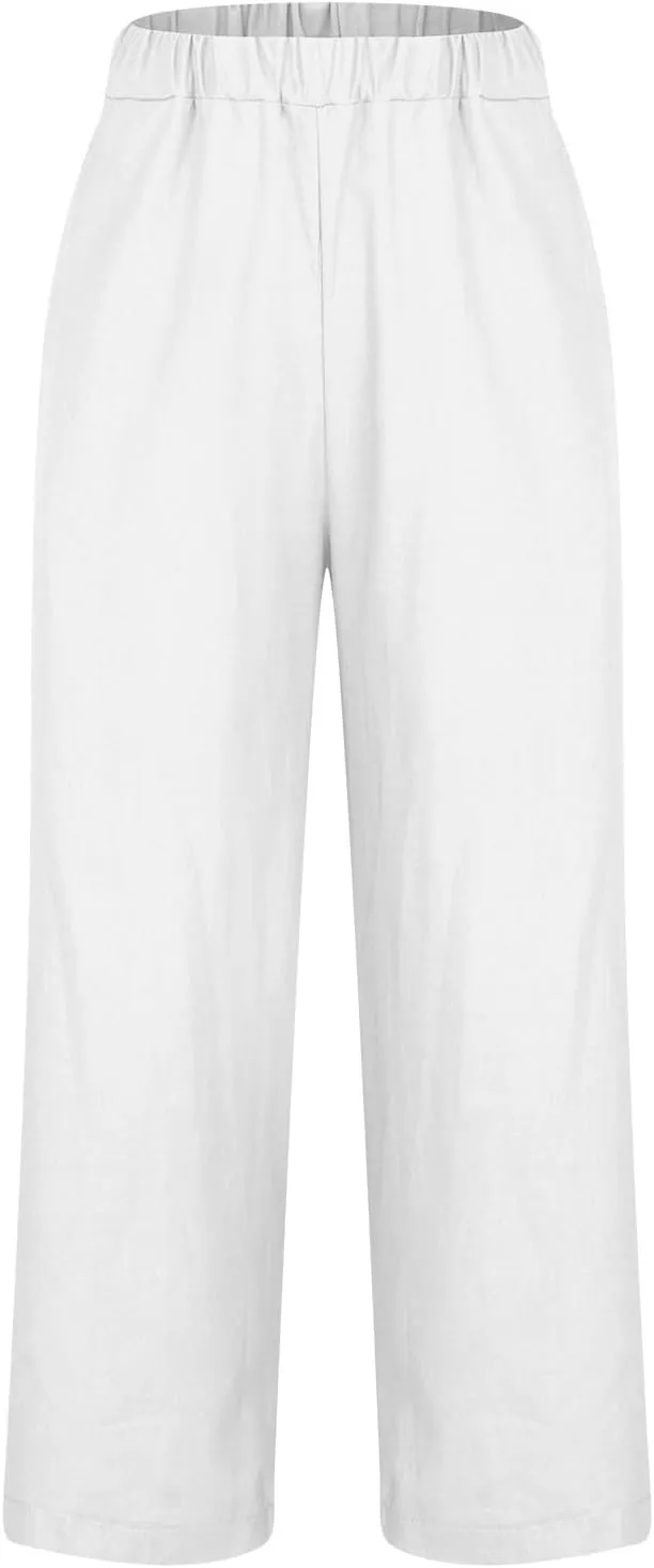 Linen Pants Women Capri Pants Elastic Waist Drawstring Pants Summer Beach Pants Crop Pants Plus Size Trousers Pockets