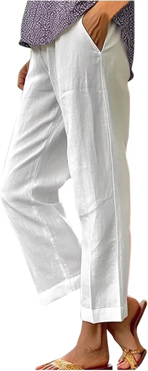 Linen Pants Women Capri Pants Elastic Waist Drawstring Pants Summer Beach Pants Crop Pants Plus Size Trousers Pockets