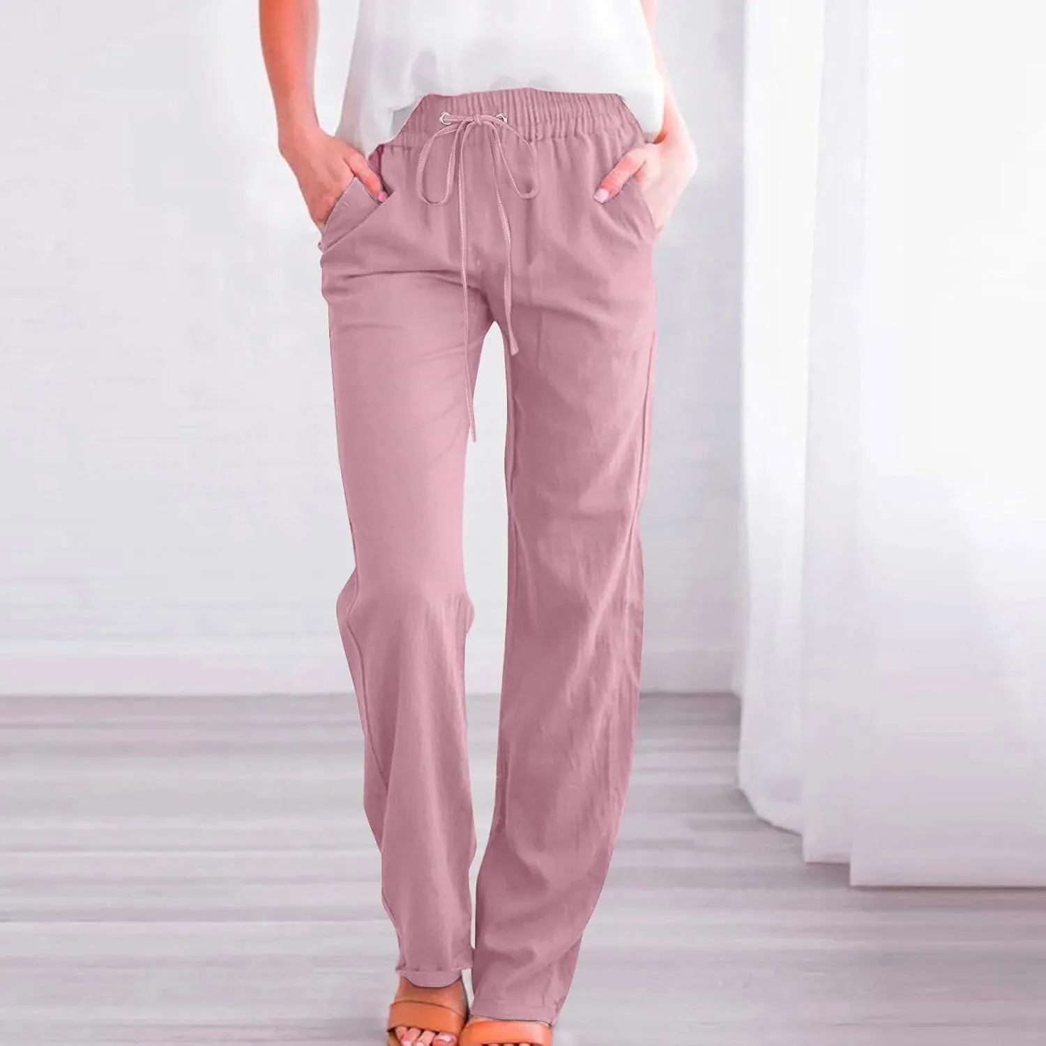 Linen Pants Women Plus Size Elastic Waist Pants Straight Leg Jogger Pants Summer Lounge Pants Casual Beach Pants