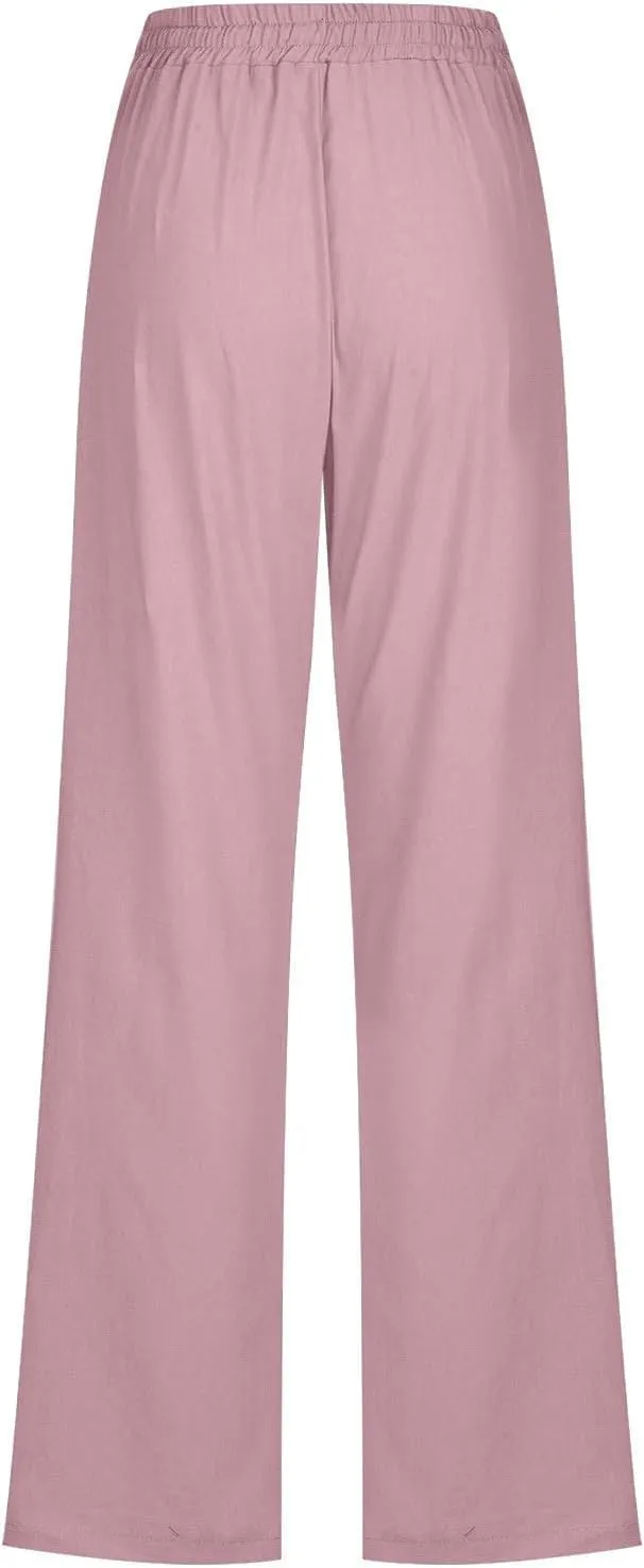 Linen Pants Women Plus Size Elastic Waist Pants Straight Leg Jogger Pants Summer Lounge Pants Casual Beach Pants