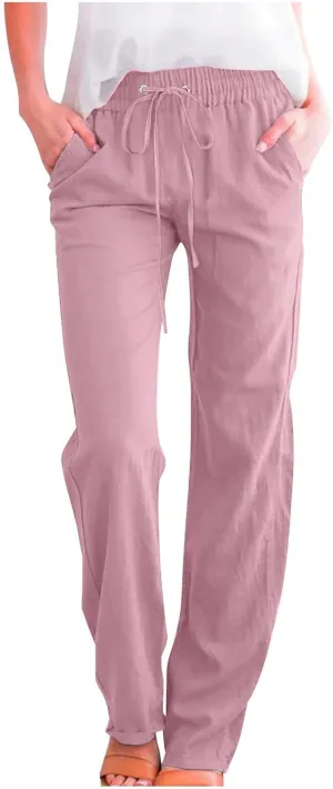 Linen Pants Women Plus Size Elastic Waist Pants Straight Leg Jogger Pants Summer Lounge Pants Casual Beach Pants