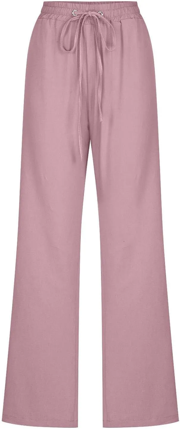 Linen Pants Women Plus Size Elastic Waist Pants Straight Leg Jogger Pants Summer Lounge Pants Casual Beach Pants
