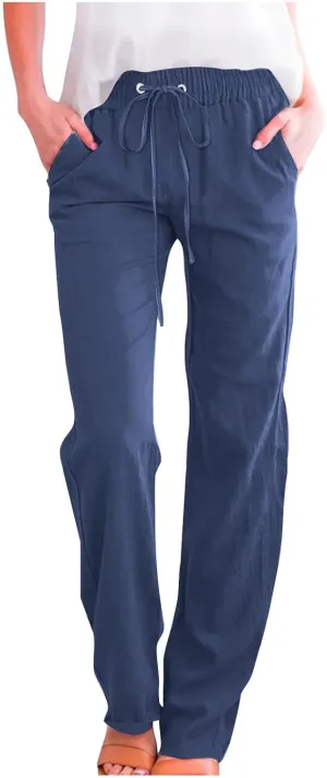 Linen Pants Women Plus Size Elastic Waist Pants Straight Leg Jogger Pants Summer Lounge Pants Casual Beach Pants