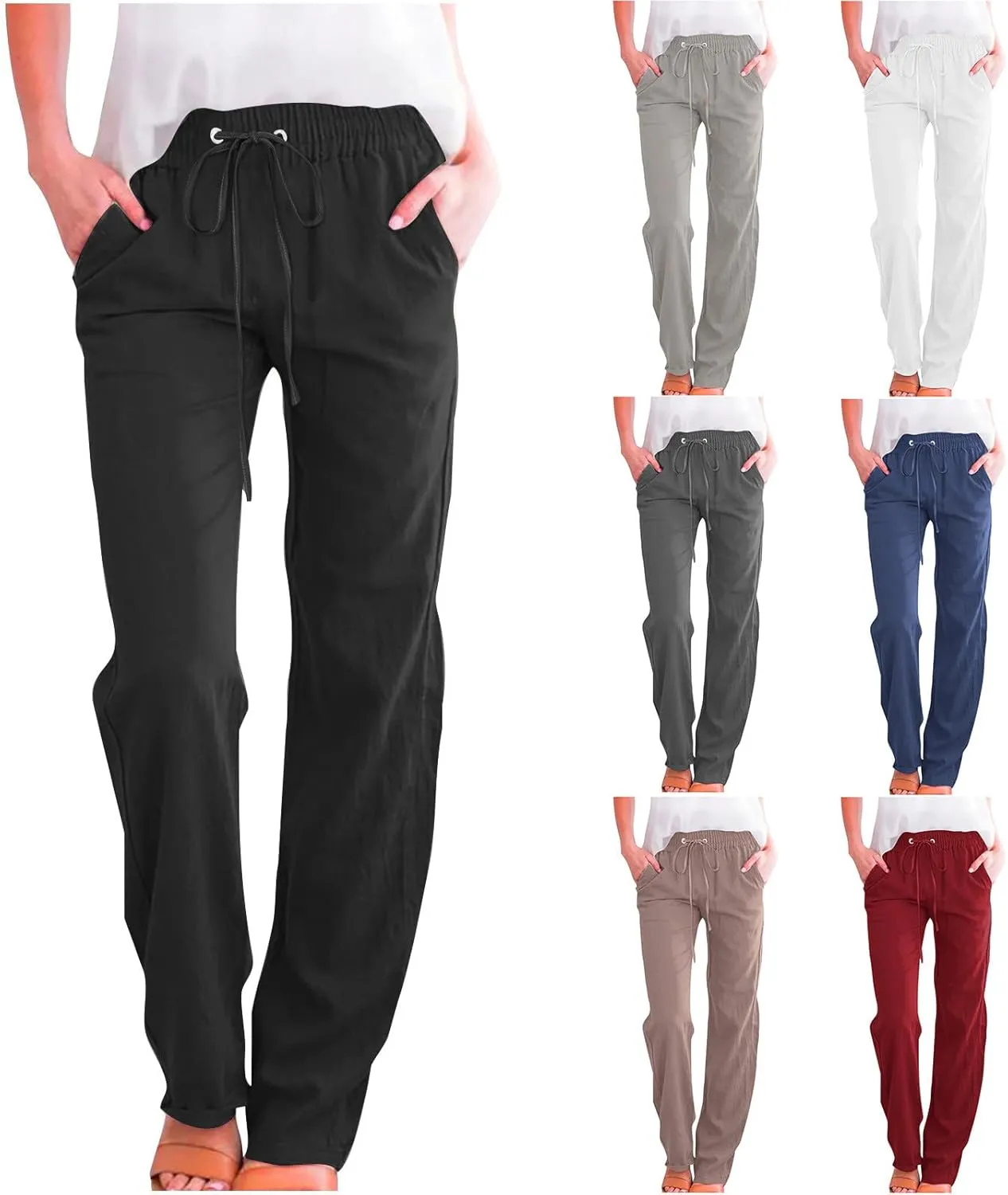 Linen Pants Womens Cotton Linen Straight Leg Lightweight Pant Summer Trouser Plus Size Women Loose Fit Slacks Trousers