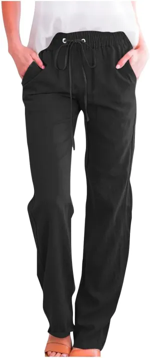 Linen Pants Womens Cotton Linen Straight Leg Lightweight Pant Summer Trouser Plus Size Women Loose Fit Slacks Trousers