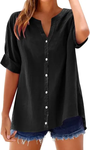 Linen Shirts for Women 2025 Summer Simple Solid Print Button Down V Neck Short Sleeve Blouses Comfy Womens Cotton Tops