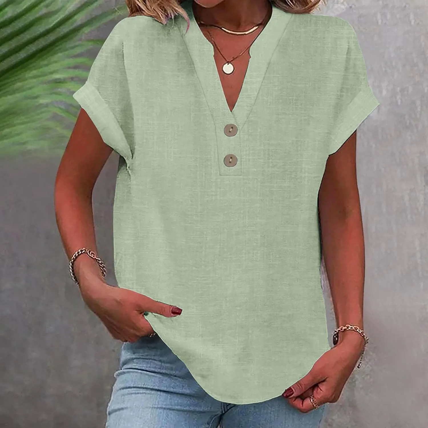 Linen Shirts for Women Summer,Short Sleeve V Neck Loose Fit Tops Casual Tshirt Button Down Soft Tunic Blouses 2025