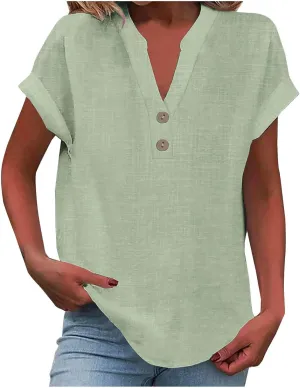 Linen Shirts for Women Summer,Short Sleeve V Neck Loose Fit Tops Casual Tshirt Button Down Soft Tunic Blouses 2025