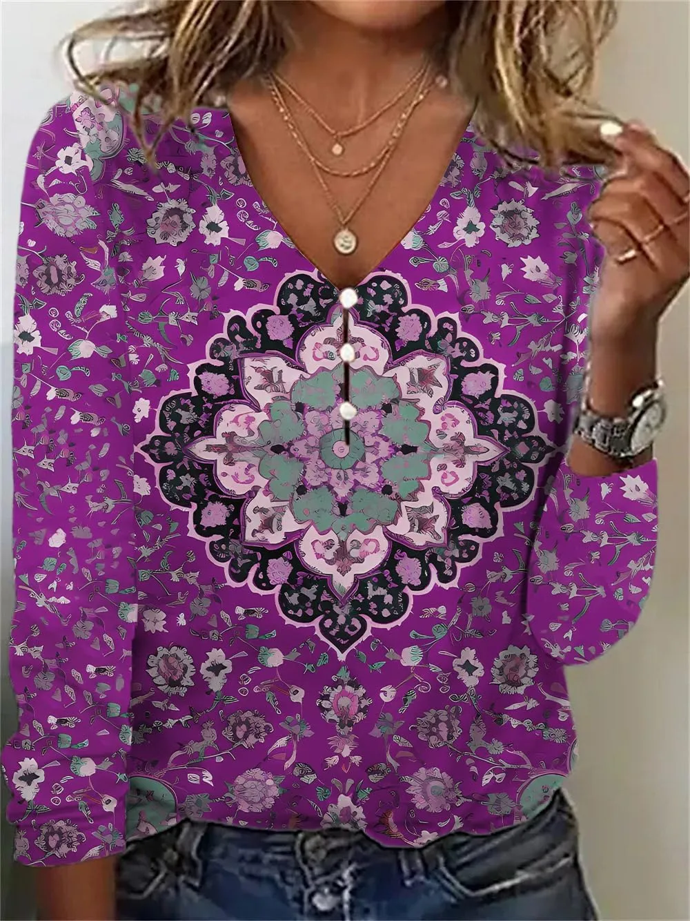 Long Sleeve Shirts for Women Boho Floral Print V Neck Dressy Casual Summer Blouses Vintage Tunic Tops