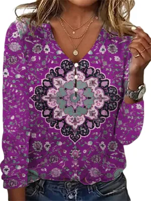 Long Sleeve Shirts for Women Boho Floral Print V Neck Dressy Casual Summer Blouses Vintage Tunic Tops