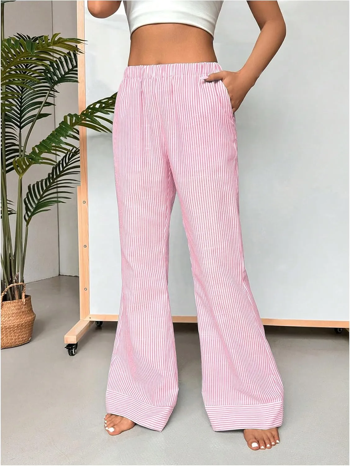 MakeMeChic Women's Y2K Striped Pants Elastic Low Rise Bell Bottoms Wide Leg Lounge Pants