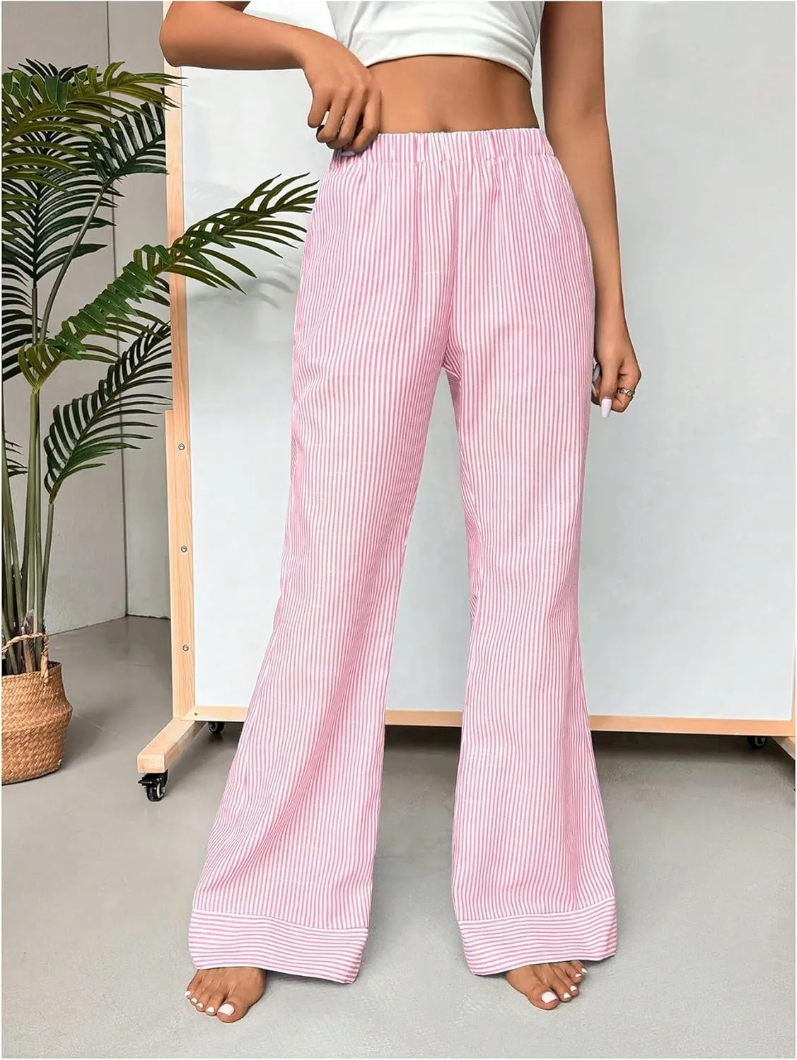 MakeMeChic Women's Y2K Striped Pants Elastic Low Rise Bell Bottoms Wide Leg Lounge Pants