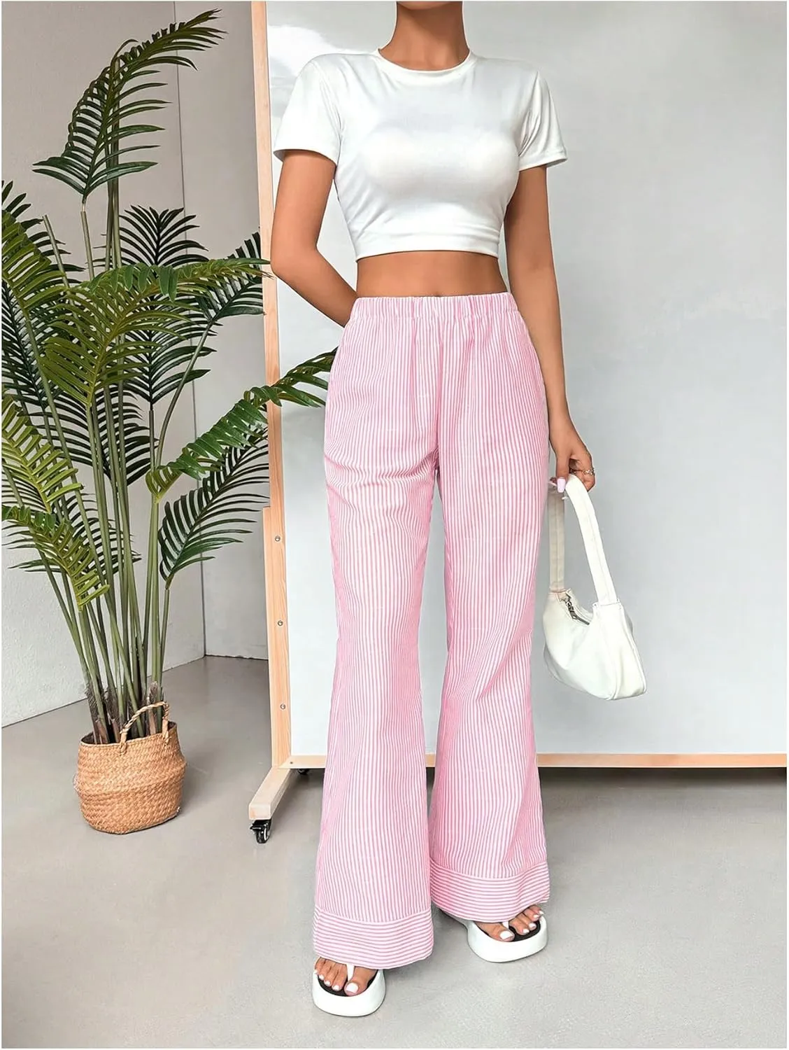 MakeMeChic Women's Y2K Striped Pants Elastic Low Rise Bell Bottoms Wide Leg Lounge Pants