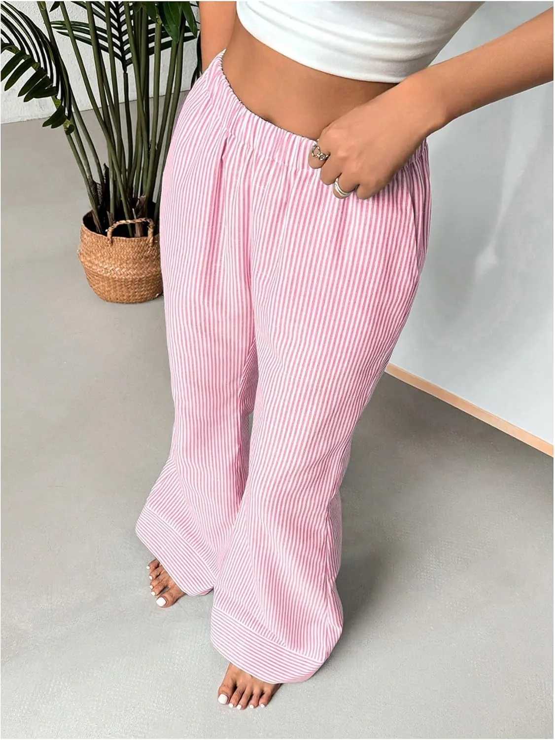 MakeMeChic Women's Y2K Striped Pants Elastic Low Rise Bell Bottoms Wide Leg Lounge Pants