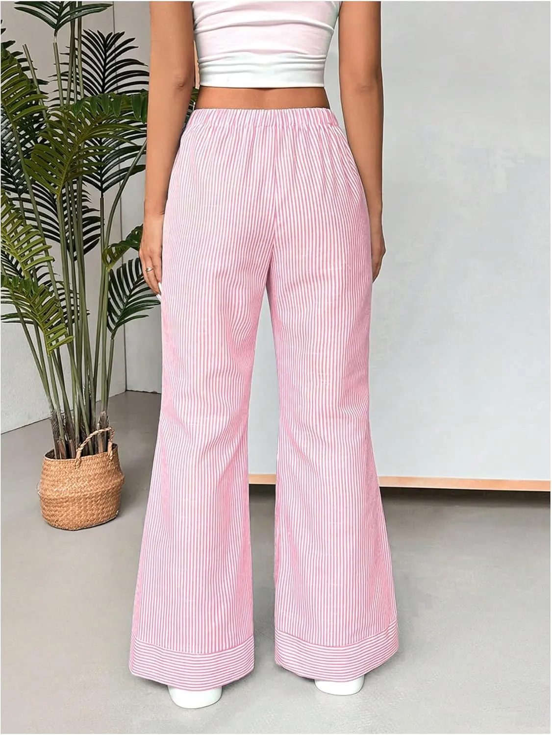MakeMeChic Women's Y2K Striped Pants Elastic Low Rise Bell Bottoms Wide Leg Lounge Pants