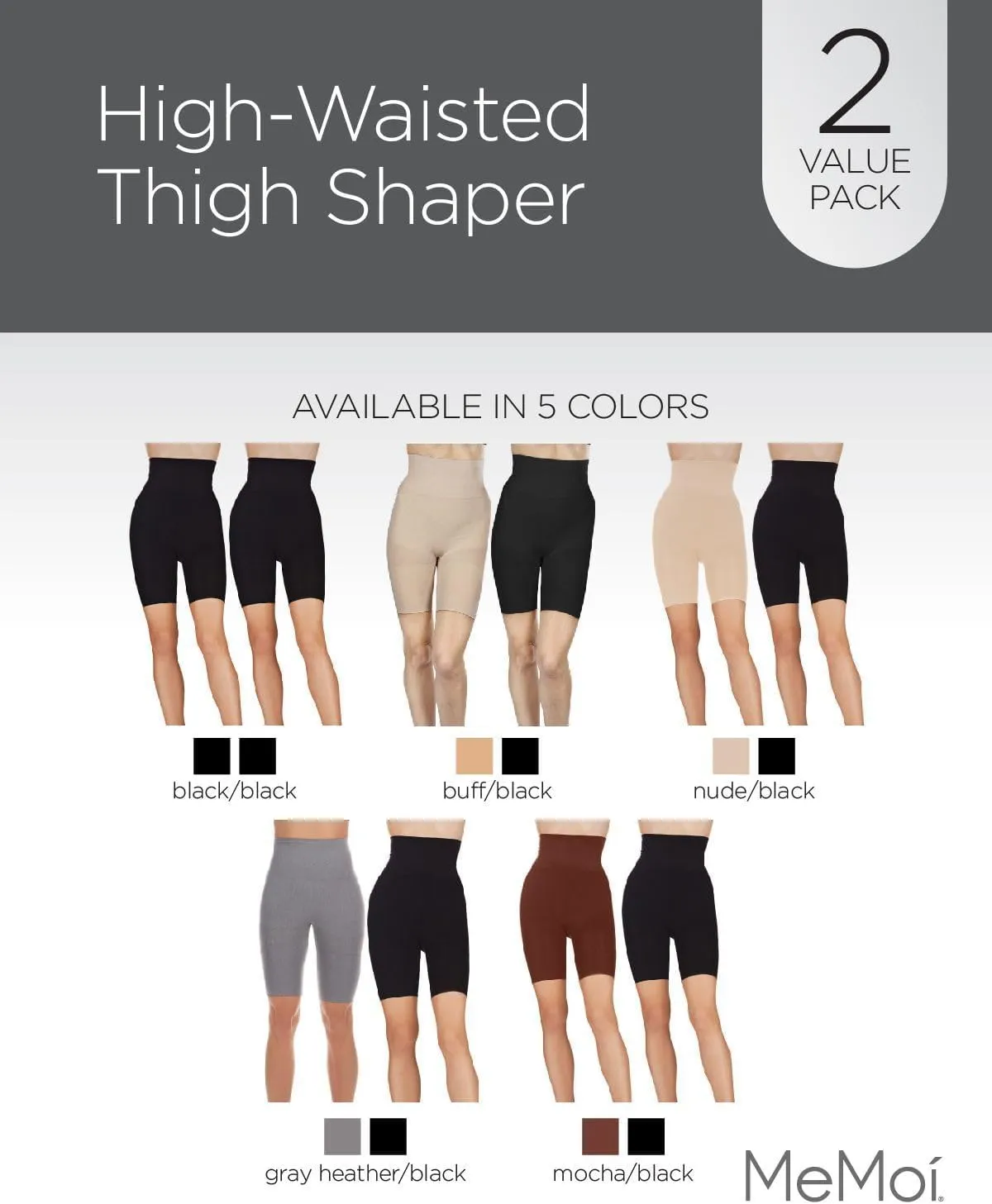 MeMoi 2 Pair High-Waist Shapewear Shorts, Smooth Thigh Shaper Shorts, Comfortable Womens Shapewear - Sizes S-4X