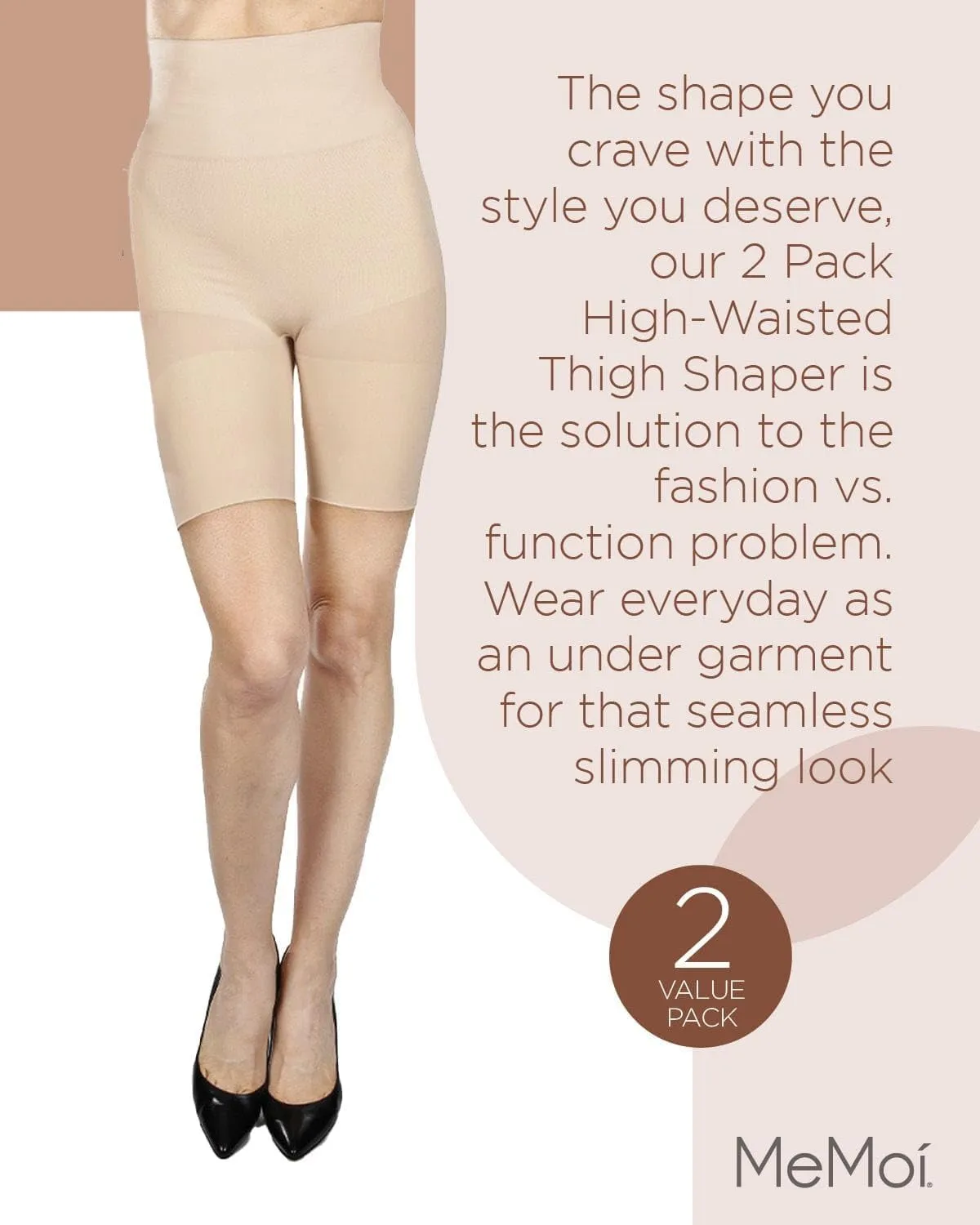 MeMoi 2 Pair High-Waist Shapewear Shorts, Smooth Thigh Shaper Shorts, Comfortable Womens Shapewear - Sizes S-4X