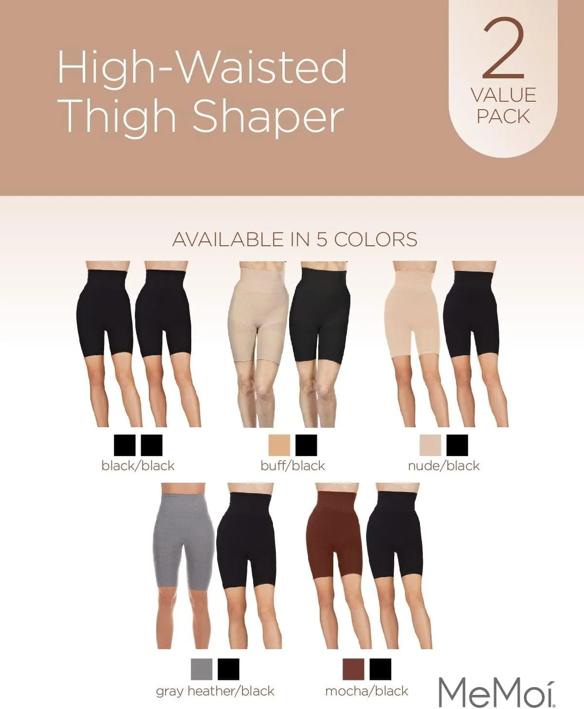 MeMoi 2 Pair High-Waist Shapewear Shorts, Smooth Thigh Shaper Shorts, Comfortable Womens Shapewear - Sizes S-4X