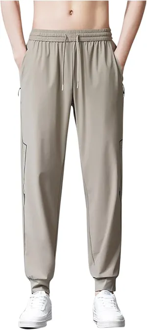 Men Plus Size Quick Drying Pants Sports Casual Pants Drawstring Elastic Waist Pants Belted Foot Pants Loose Pants