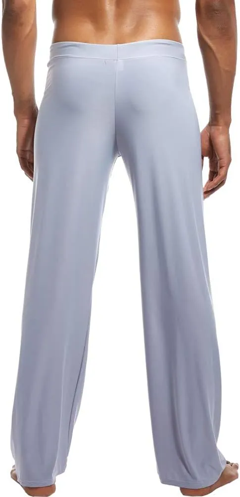 Men Soft Ice Silk Long Yoga Pants Sexy Low Rise Elastic Drawstring Sleep Bottoms