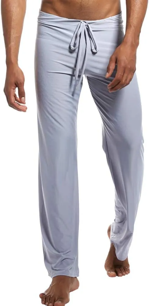 Men Soft Ice Silk Long Yoga Pants Sexy Low Rise Elastic Drawstring Sleep Bottoms