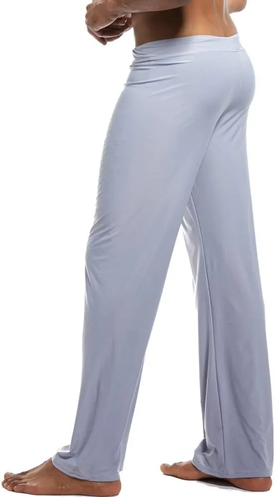 Men Soft Ice Silk Long Yoga Pants Sexy Low Rise Elastic Drawstring Sleep Bottoms