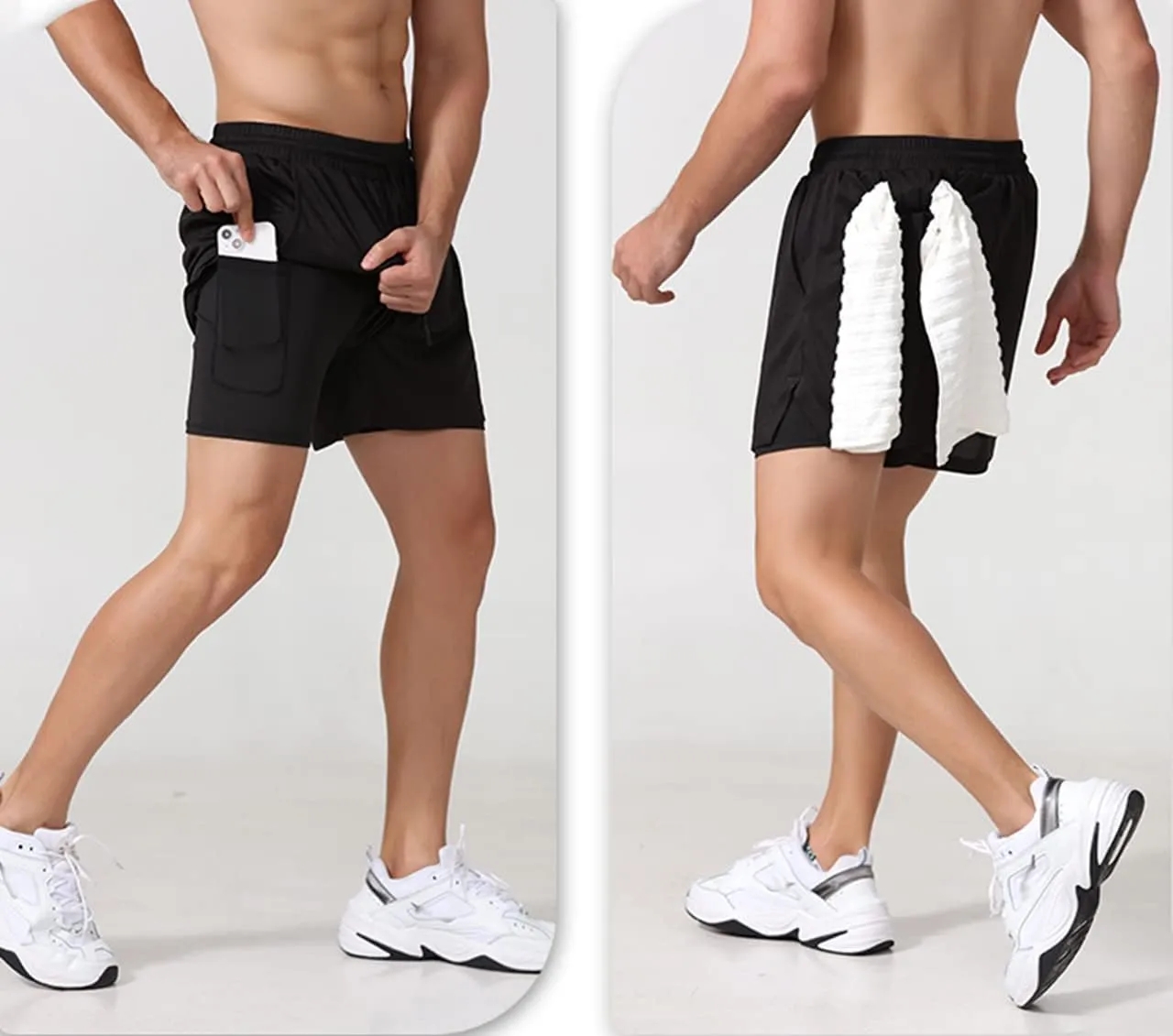 Men's 2 in 1 Running Shorts Gym Workout Quick Dry Mens Sports Shorts with Pockets and Towel Loop