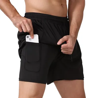 Men's 2 in 1 Running Shorts Gym Workout Quick Dry Mens Sports Shorts with Pockets and Towel Loop