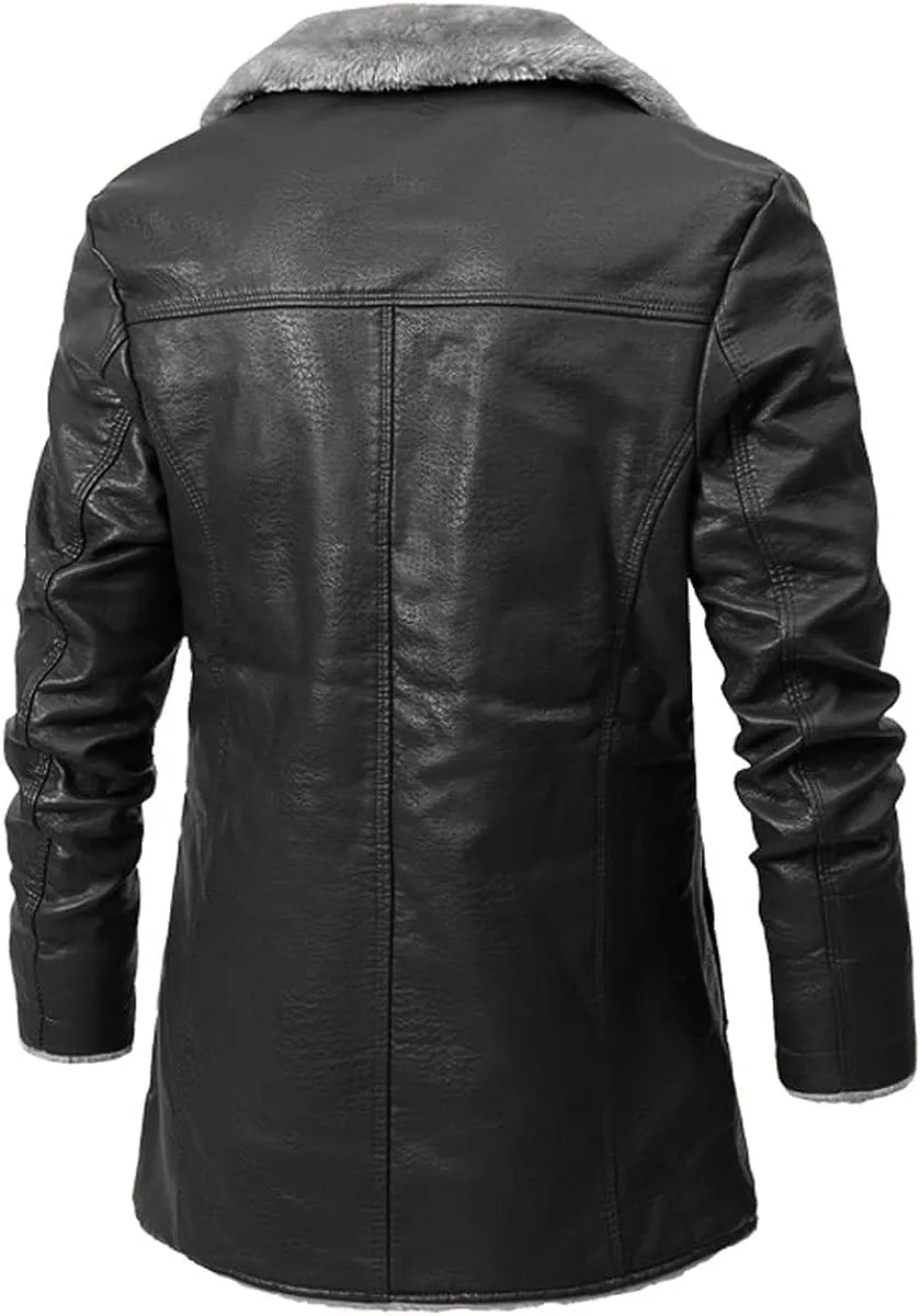 Men’s Black Genuine Sheepskin Faux Fur Turn-Down Collar Outfit Single-Breasted Trench Coat Leather Jacket