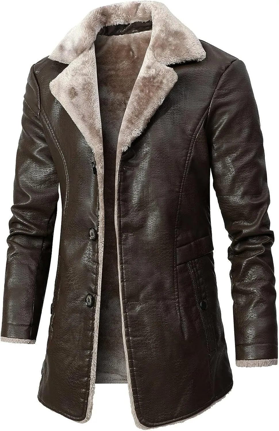 Men’s Black Genuine Sheepskin Faux Fur Turn-Down Collar Outfit Single-Breasted Trench Coat Leather Jacket